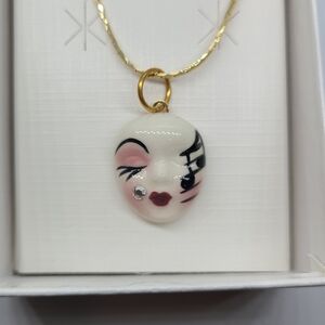 Vintage Fancy Faces Hand Painted Porcelain Music Note Mask Pendant Necklace